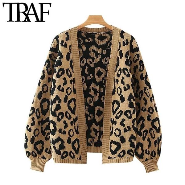 ONKOGENE Frauen Mode Leopard Muster Lose Strickjacke Pullover Vintage Laterne Hülse Weibliche Oberbekleidung Chic Tops 211103