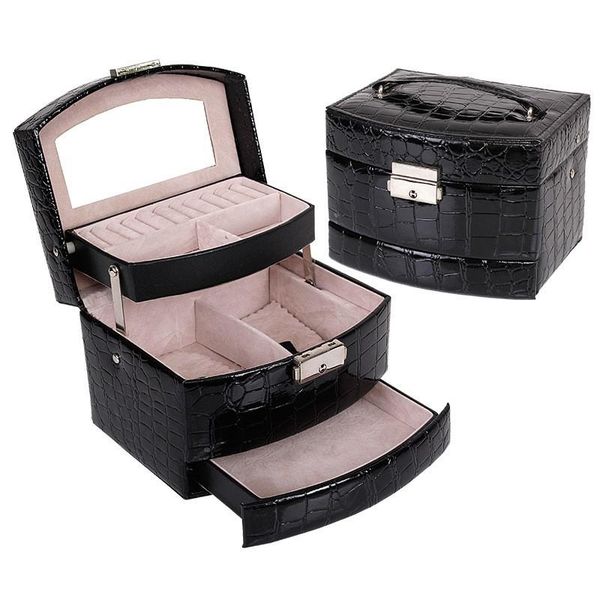

jewelry pouches, bags classical fashion women black color leather box makeup organizer storage case 200805-24, Pink;blue
