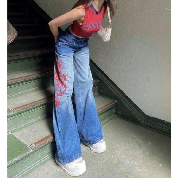 

women's pants & capris women gradient print loose jeans vintage summer 2021 streetwear casual high waist wide leg denim female straight, Black;white