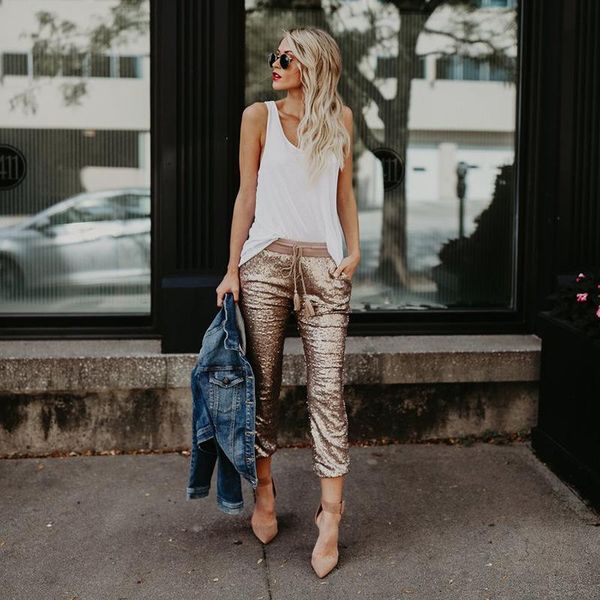 

fashion women casual sequin glitter skinny pants high waist drawstring trousers pencil women's & capris, Black;white