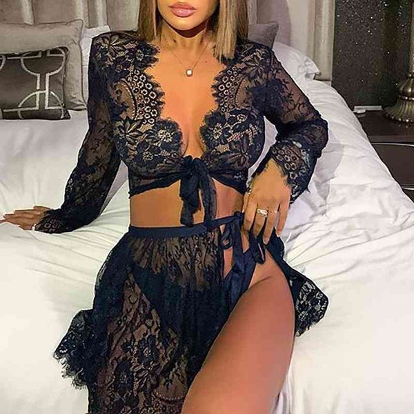

2021 new lace transparent ultra-thin nightgown home clothes three piece underwear, Black;white
