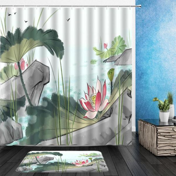 

shower curtains 2pcs set chinese style ink painting lotus floral leaf plant scenery bathroom hanging curtain with flannel mat