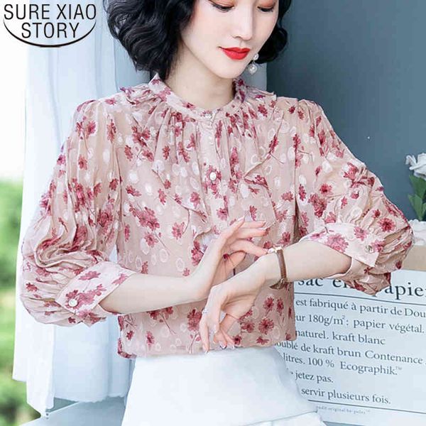 

women blouse summer womens clothing vintage stand collar ladies fashion korean half lantern sleeve floral shirt 9027 50 210417, White