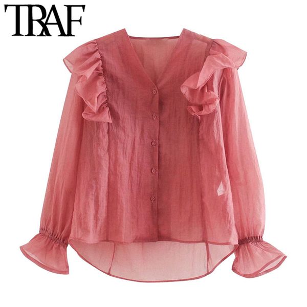

traf women fashion see through ruffled blouses vintage v neck long sleeve female shirts blusas chic 210415, White