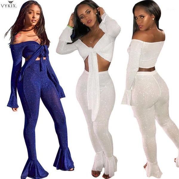 

two piece dress shining silver wire set tie bow off shoulder long bell sleeve crop skinny flare pants high stretchy club outfits, White