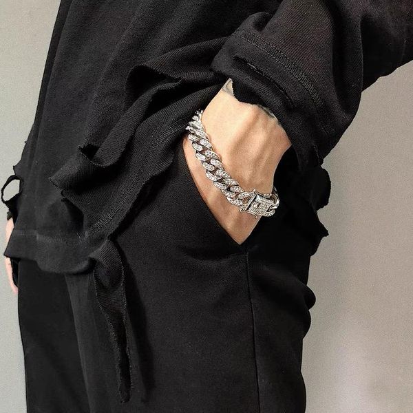 

link, chain cuban full diamonds golden silver colors bracelets on hand for men women street fashion boys girls hiphop homme, Black