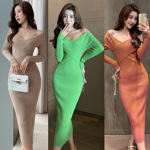 

casual dresses 2021 knitted bodycon dress women v collar spring autumn front cross high stretchy sweater vestidos longo robe femme, Black;gray