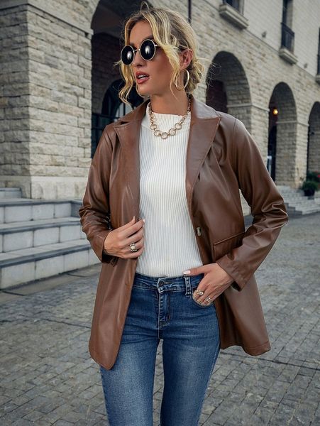 

lapel neck single breasted pu leather blazer v8sy#, White;black