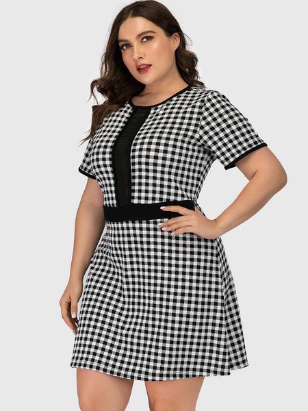 

plus size dresses hy86220# loose large plaid waist round ne casual skirt