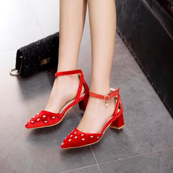 

shallow mouth african woman shoe chunky sandals summer high heels 2021 pumps pointed wedge burgundy velvet block latest dress shoes, Black