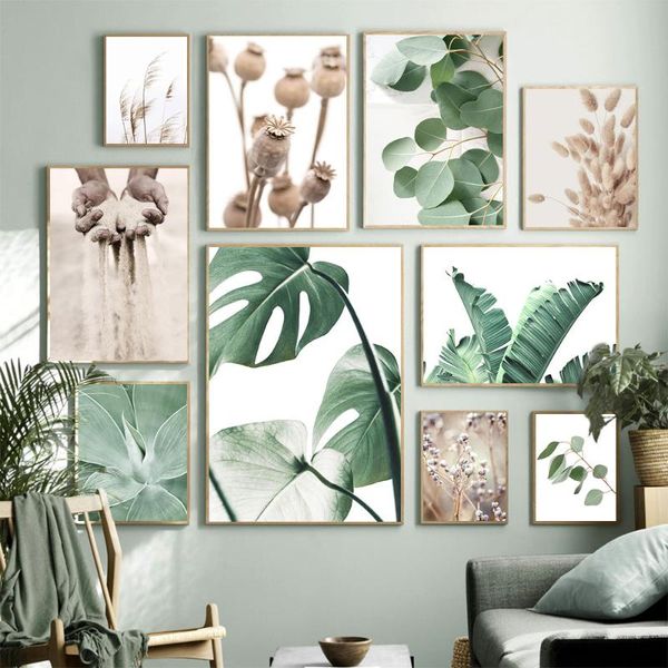 

paintings green plant wall art canvas painting hand sand poster reed monstera leaf print nordic living room decoration