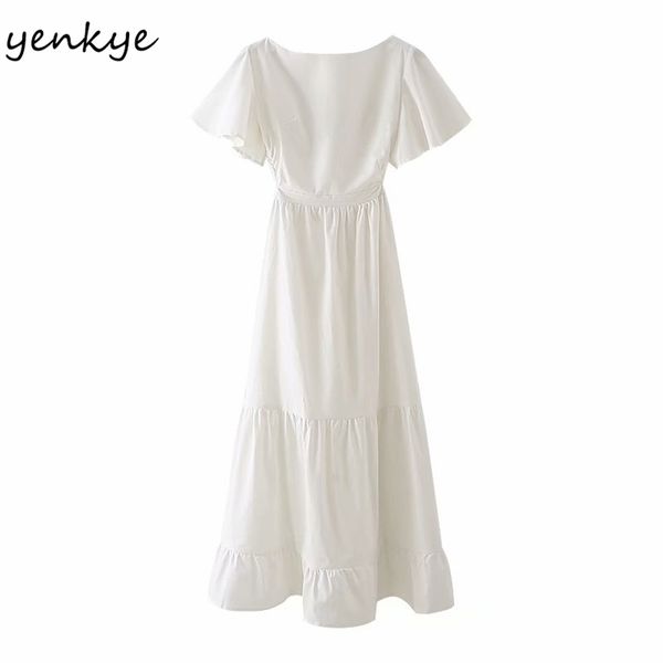

backless women dress short sleeve o neck cotton vestido female casual party white long 210514, Black;gray