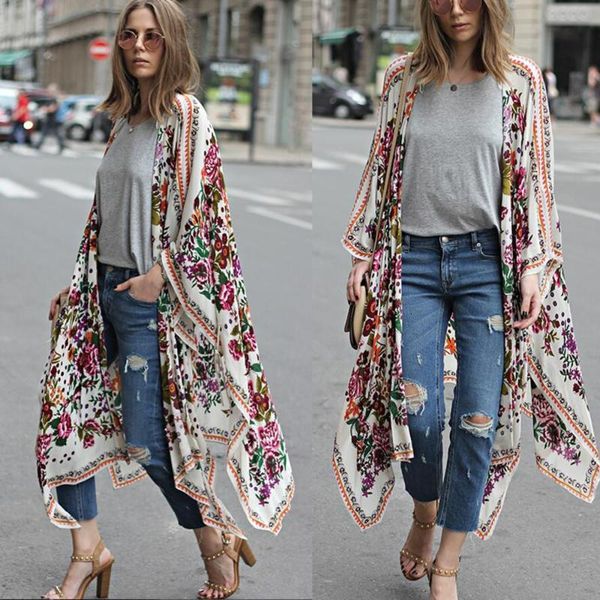 

women's blouses & shirts women floral long chiffon monokini cardigan bikini cover up beachwear blouse shirt rhl3, White