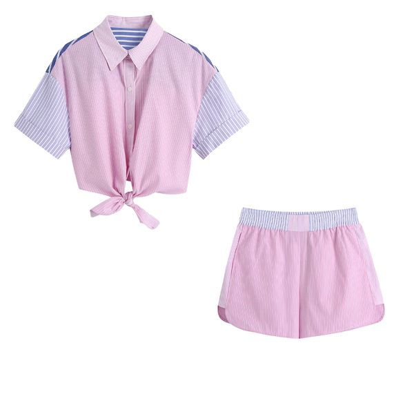 

women two piece set striped crop shirt & shorts high-waist chic lady and shorts 2 piece set 210420, White