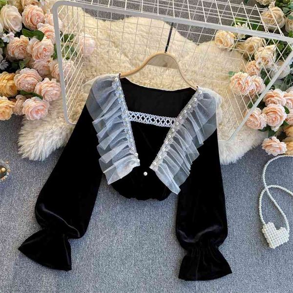 

autumn winter all-match velvet bottoming shirt women's mesh ruffled stitching puff sleeve square collar uk863 210507, White