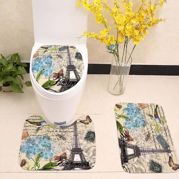 

3pcs bath mats eiffel tower flower anti slip bathroom mat set toilet seat cover fleece floor washable decor covers