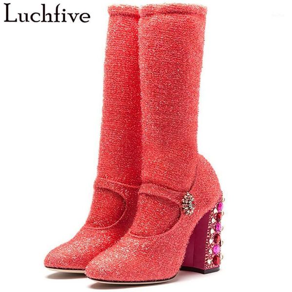 

boots luxury crystal chunky heels women round toe t-show shoes woman one belt buckle ankle for sapato feminino1, Black