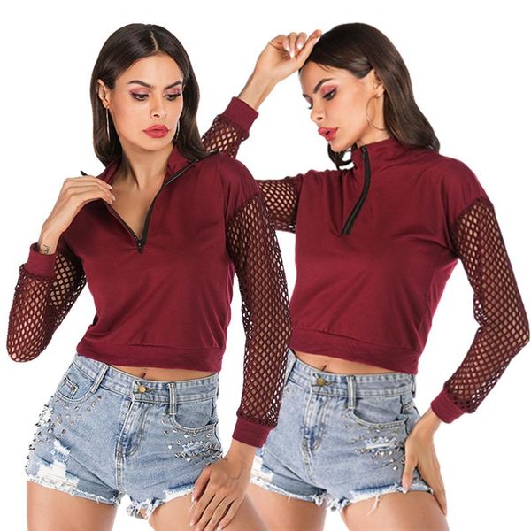 

women's hoodies & sweatshirts mesh stitching stand neck fashion hollow out zipper pullover for women skinny, Black