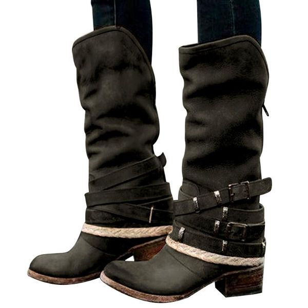 

boots fashion women lace-up riding motorcycle boot low heel knee buckle side zipper female botas brown black