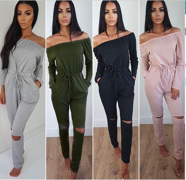 

women's jumpsuits & rompers spring and autumn solid color romper one-line collar strapless off-shoulder long sleeve jumpsuit, Black;white
