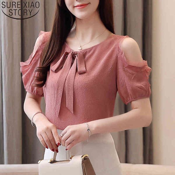 Sommer Frauen Off Sollte Bluse Rosa Runde Kragen Damen Tops Mode Koreanische Bogen Spitze Chiffon Gespleißt Kleidung 9033 50 210417