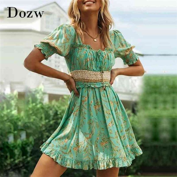 

retro floral print elegant dress women ruffles bow tie vintage mini puff short sleeve boho pleated vestidos 210515, Black;gray