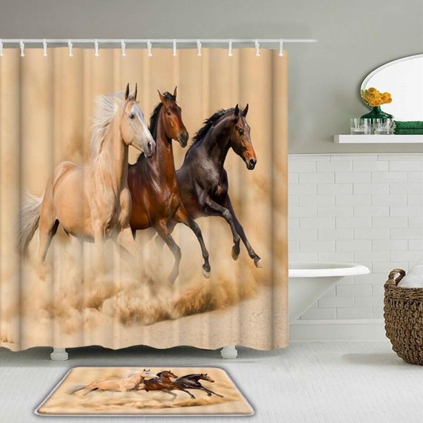 

2pcs/set horse shower curtains set animals with hooks bathroom waterproof bath non-slip mat toilet decor