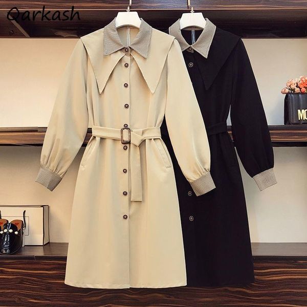 

women's trench coats women loose plus size s-4xl streetwear all-match spring casual single breasted chic mujer de moda ins outwear wind, Tan;black