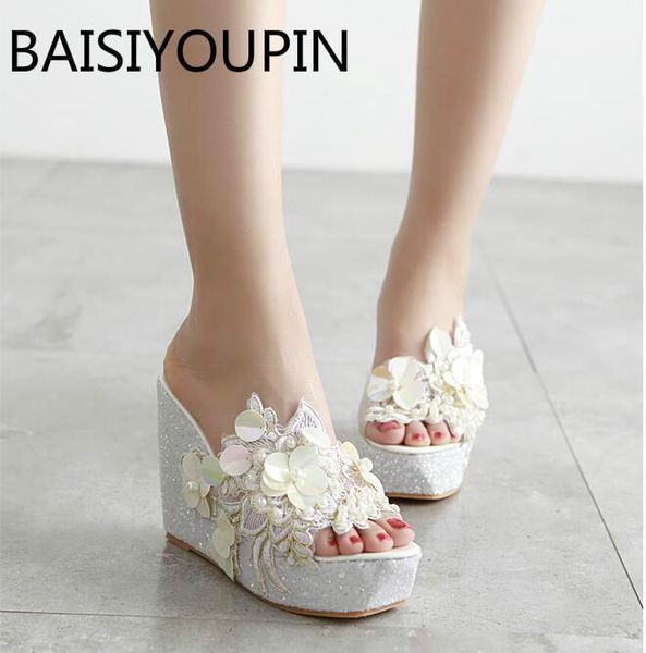 

summer women fish mouth shoes female sweet flower sequins slippers high heels wedge slope thick soles muffin bottom sandals, Black