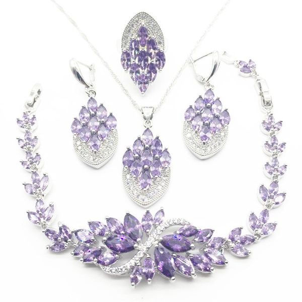 

earrings & necklace aisure purple zircon silver color bridal jewelry set for women crystal wedding bracelet/necklace/earrings/ring/ t0009-4