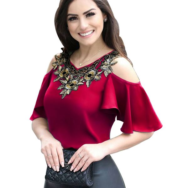 

polo summer tshirt woman off her shoulder rayon -t female flowers embroidered with cleavage v ultra light t elegant shirt dressed in, White