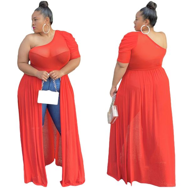 

women mesh see though one shoulder sleeve high split maxi dress party club beach blouses long dresses, Black;gray