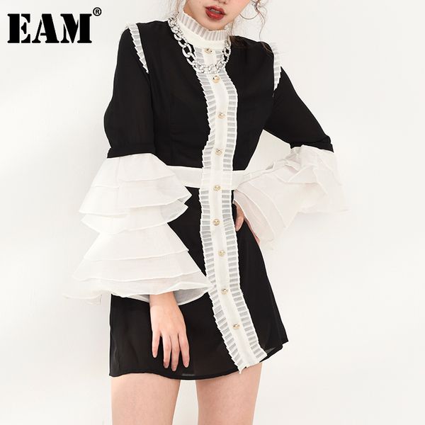 

[eam] women black white ruffles temperament dress stand collar flaresleeve loose fit fashion spring autumn yc00101 210512, Black;gray
