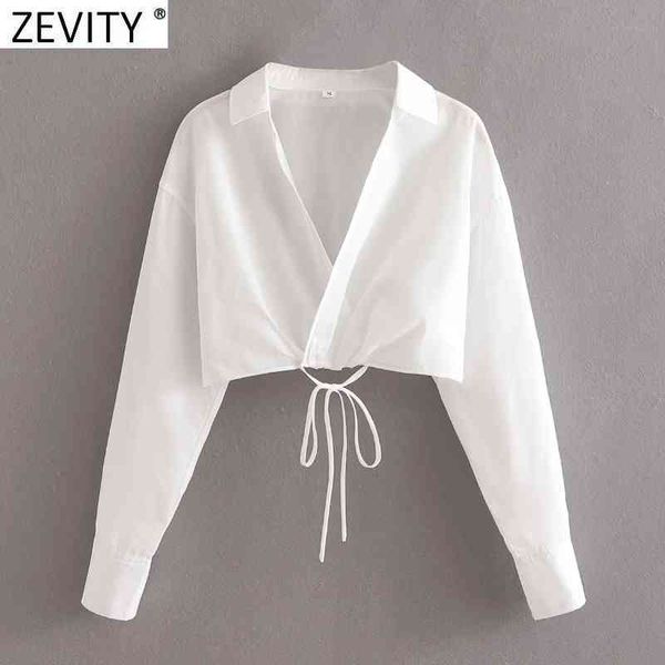 

zevity women cross v neck hem bandage short slim smock blouse femme long sleeve knotted white shirt roupas chic ls9099 210419