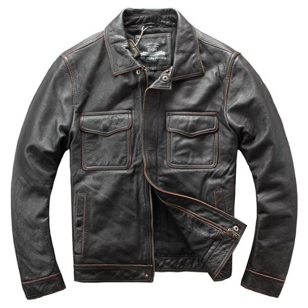 

men's fur & faux 2021 vintage 100% genuine leather jacket plus size 5xl motorcycle jackets brown gray cowhide biker coat for male, Black