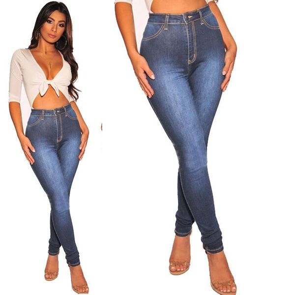 

women's jeans high waist street bandage ladies pencil pants tight for, Blue