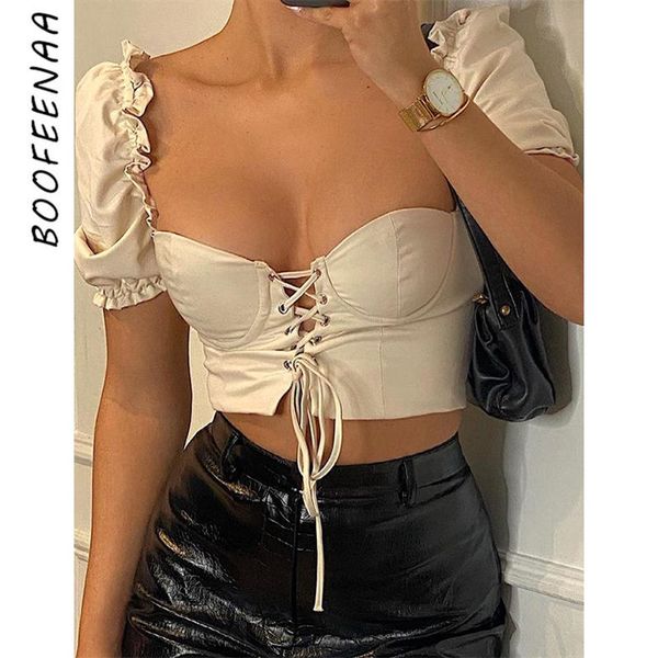 

short sleeve square neck lace up bandage busiter crop vintage summer clothes for women t shirt c83-cz13 women's t-shirt, White