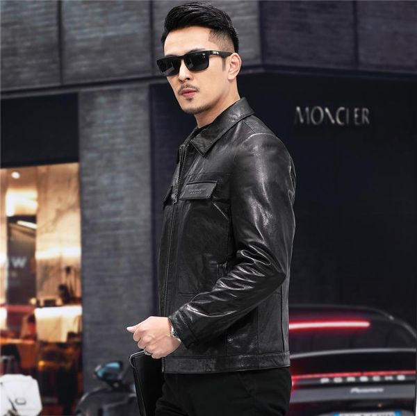 

men's leather & faux luhayesa casual oil wax sheepskin genuine jacket good quality autumn natural real overcoat clothes, Black