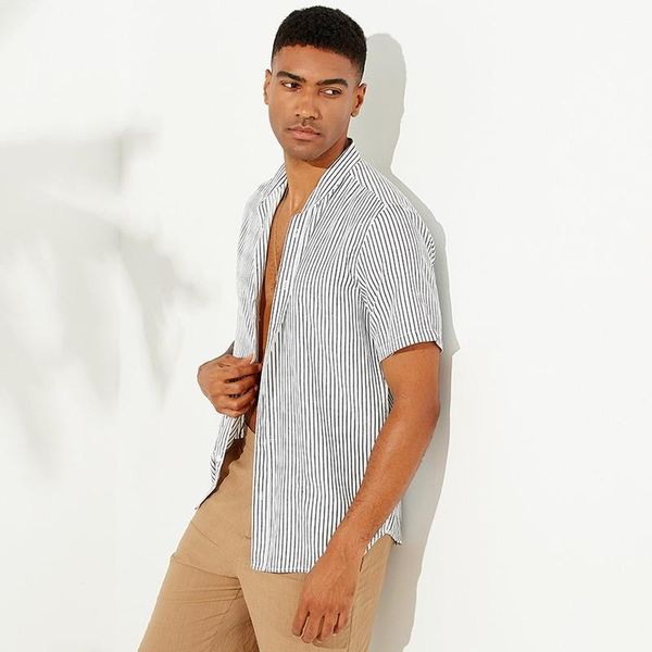 

men's casual shirts men clothing summer style striped stand-up collar short-sleeved shirt fashion plus size camisas para hombre, White;black