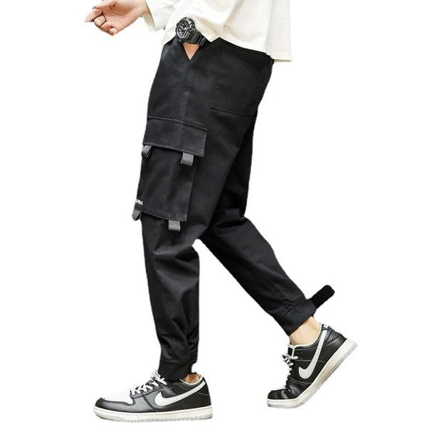 

spring/summer men's cotton cargo trousers for men adjustable foot lace trend large size loose pants techwear, Black