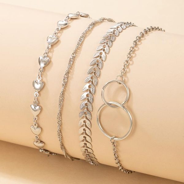 

link, chain huatang bohemian leaves bracelet set for women romantic geometry silver color alloy bangle lady party jewelry accessories 18798, Black