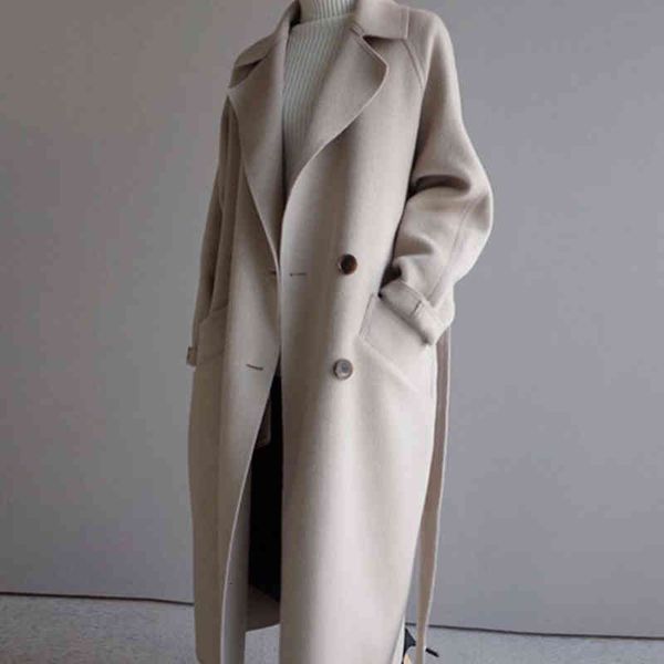 

women's wool & blends autumn and winter large size solid color lapel loose long double-sided female elegant coat women coats s3ar, Black