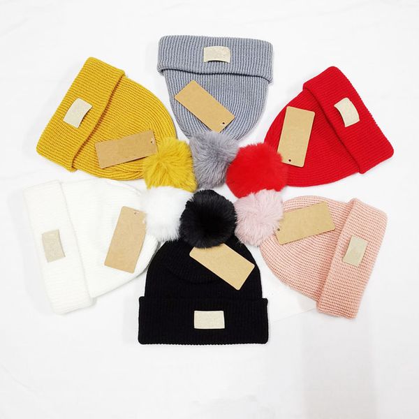 

kid brand beanie hat solid color fur pom poms children ski hats autumn winter print pattern ball caps, Blue;gray