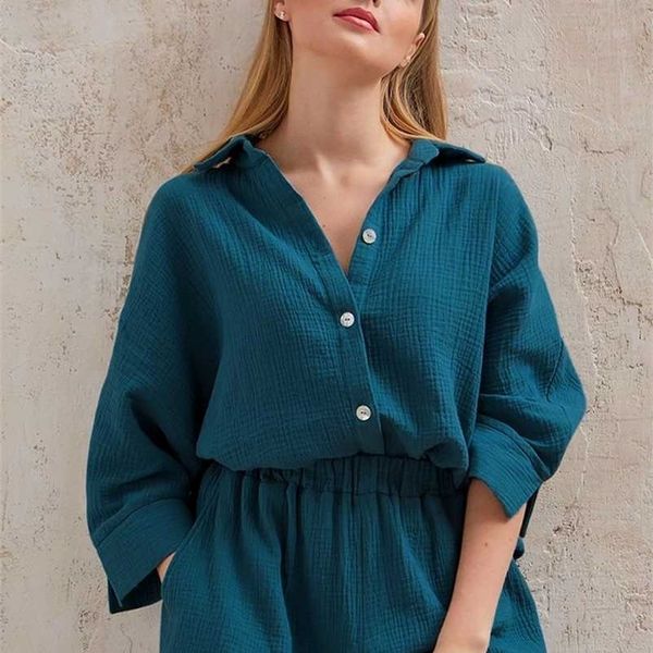 

pijamas summer/autumn suits with shorts 100%cotton women pajama feminino summer turn down collar sleepwear trousers pocket 211103, Black;red