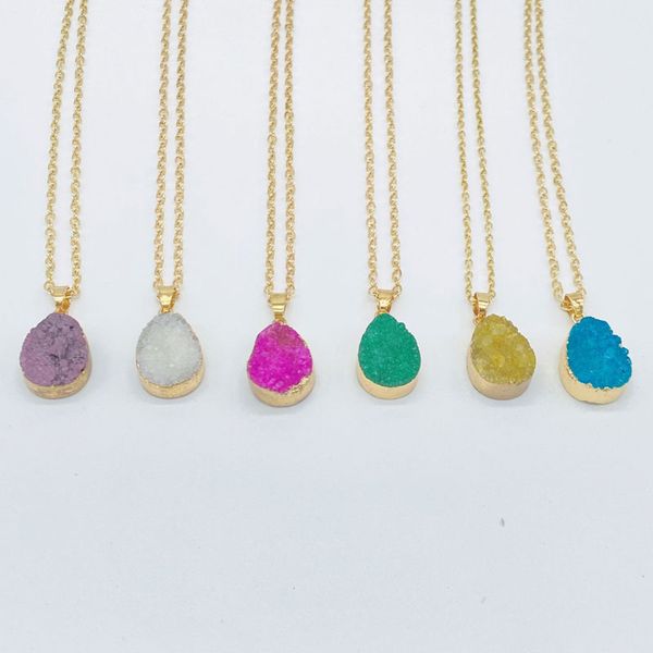 

natural quartz crystal stone gold plated irregular colorful chain pendant necklaces druzy jewelry for women girl, Silver