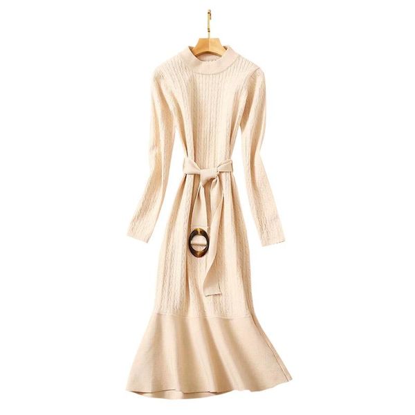 

casual dresses beige stretchy knitted sweater dress ribbed stand collar long sleeves belted knee length mermaid, Black;gray