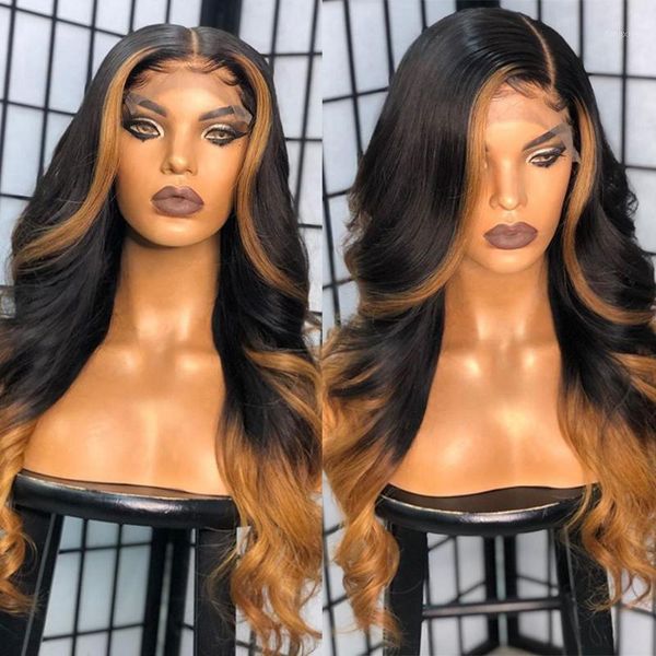 

glueless ombre highlight 13x6 lace front human hair wigs with baby brazilian full wig for black women natural hairline1, Black;brown