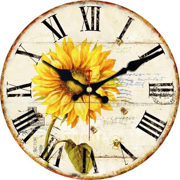 

retro creative decor clock for kids living room bedroom silent round wall autumn sunflowers on wooden board clocks