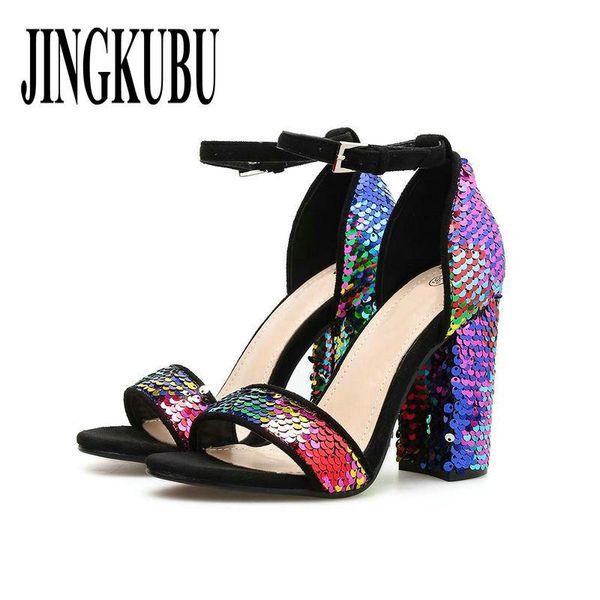 

sequined cloth women sandals ankle strap summer shoes thick high heels gladiator buckle pumps, Black