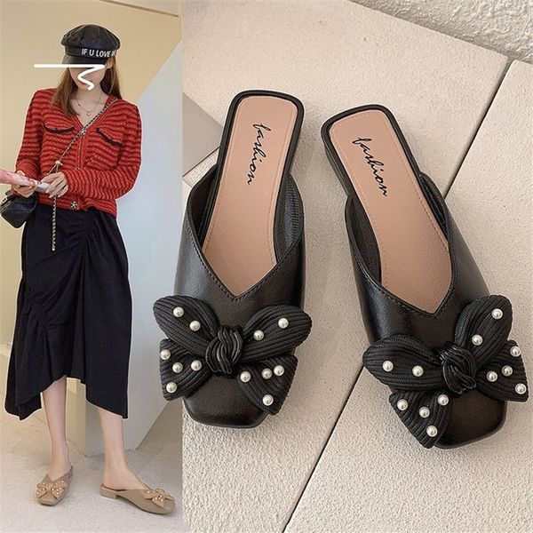 

womens shoes spring/summer new thick heel baotou square bow bow shallow mouth korean trend half slippers1, Black